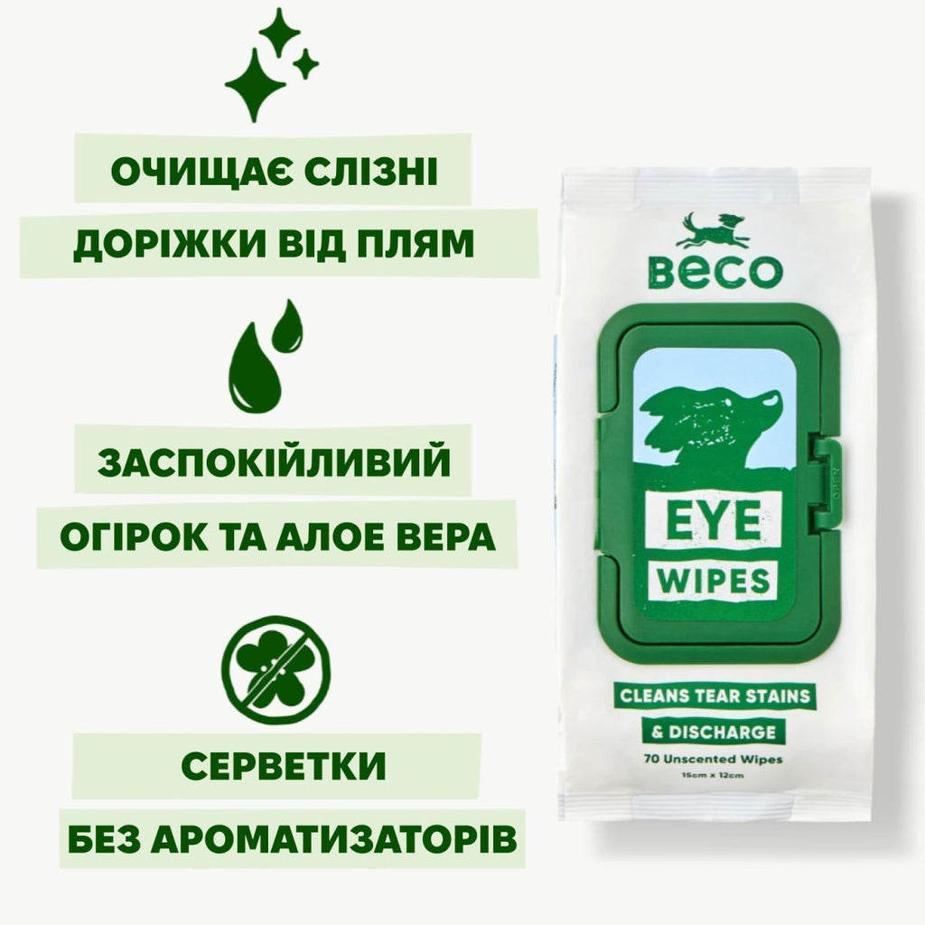 Бамбукові серветки для очищення слізних доріжок собак Dog Eye Wipes Beco Pets 70 шт