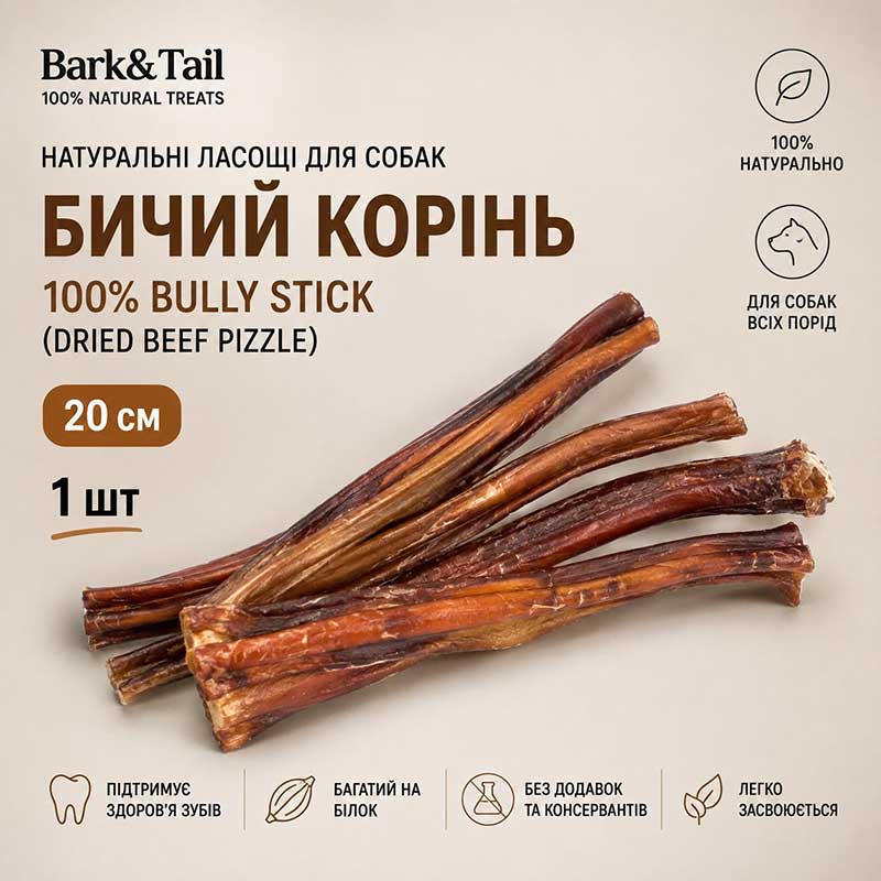 Натуральні ласощі для собак бичий корінь 100% Bully Stick (Dried Beef Pizzle) Bark&Tail  20 см 1 шт