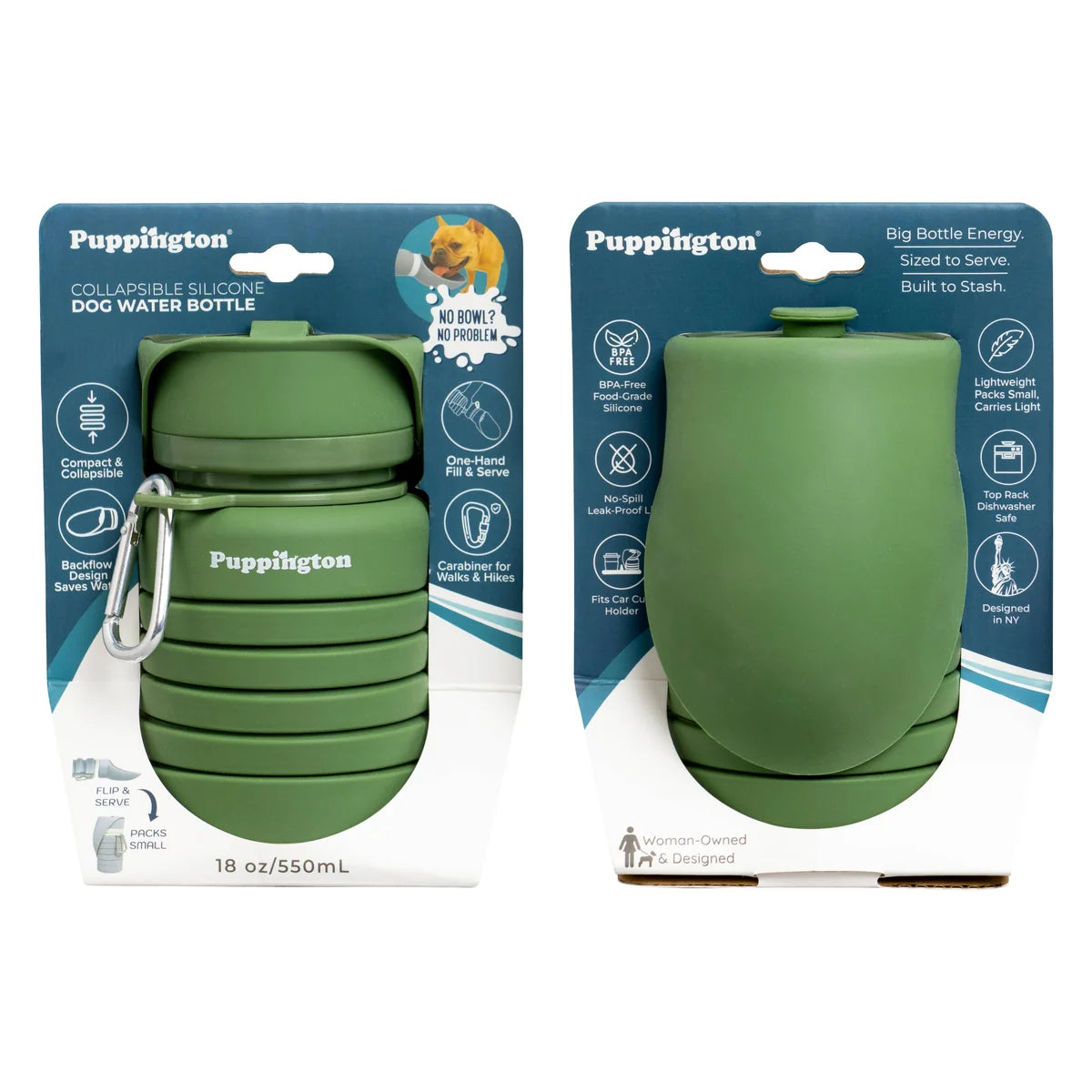 Портативна складна пляшка для води Collapsible Dog Water Bottle Basil Green Puppington 550 мл