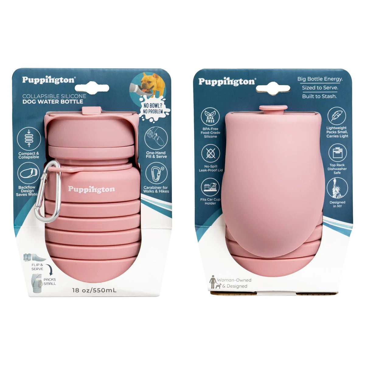 Портативна складна пляшка для води Collapsible Dog Water Bottle Blush Pink Puppington 550 мл